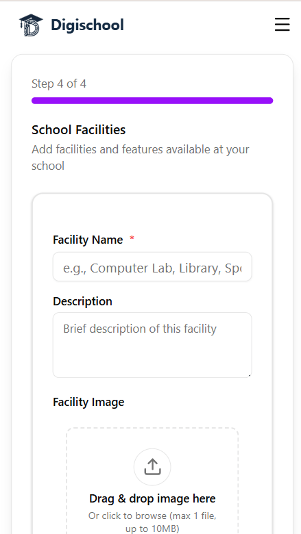 Step 4 of 4 — Add school facilities